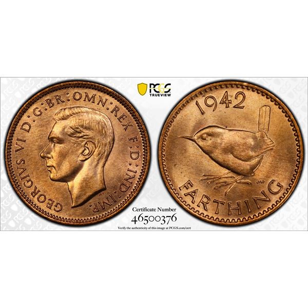 GREAT BRITAIN: George VI, 1936-1952, AE farthing, 1942, PCGS MS65 RD
