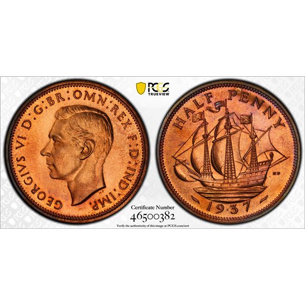 GREAT BRITAIN: George VI, 1936-1952, AE halfpenny, 1937, PCGS Proof 65 RB