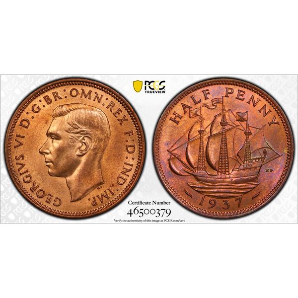 GREAT BRITAIN: George VI, 1936-1952, AE halfpenny, 1937, PCGS MS64 RB