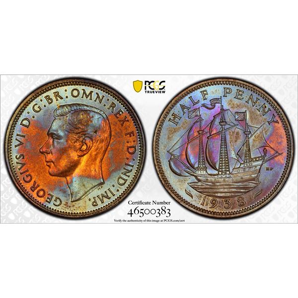 GREAT BRITAIN: George VI, 1936-1952, AE halfpenny, 1938, PCGS MS64 BN