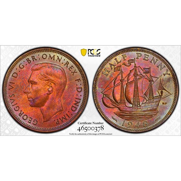 GREAT BRITAIN: George VI, 1936-1952, AE halfpenny, 1948, PCGS MS64 RB