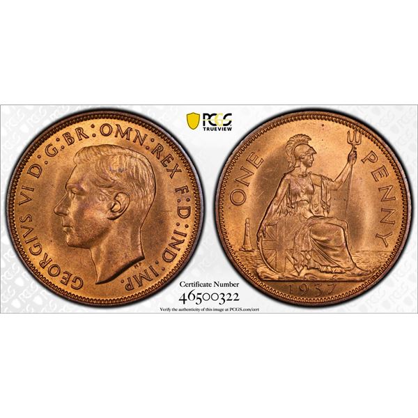 GREAT BRITAIN: George VI, 1936-1952, AE penny, 1937, PCGS MS65 RB