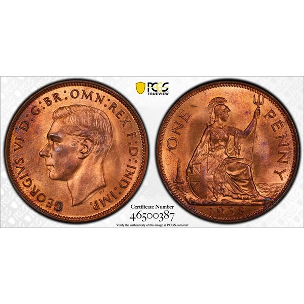 GREAT BRITAIN: George VI, 1936-1952, AE penny, 1938, PCGS MS65 RB