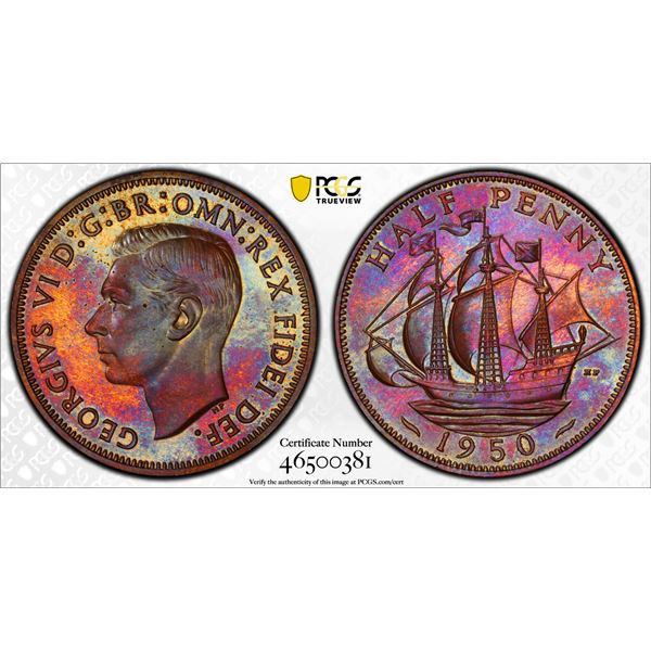 GREAT BRITAIN: George VI, 1936-1952, AE halfpenny, 1950, PCGS Proof 64 BN