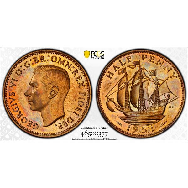 GREAT BRITAIN: George VI, 1936-1952, AE halfpenny, 1951, PCGS Proof 65 RB