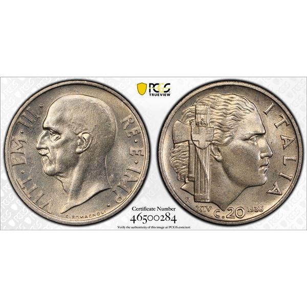 ITALY: Vittorio Emanuele III, 1900-1946, 20 centesimi, 1936 year XIV, PCGS MS64