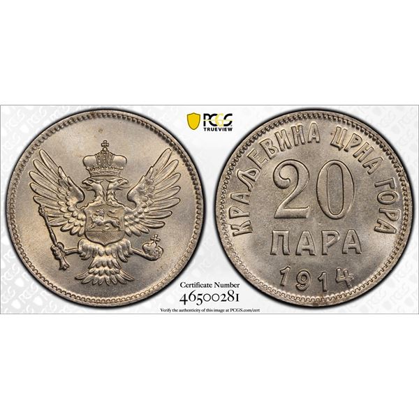 MONTENEGRO: Nicholas I, as King, 1910-1918, 20 para, 1914, PCGS MS64