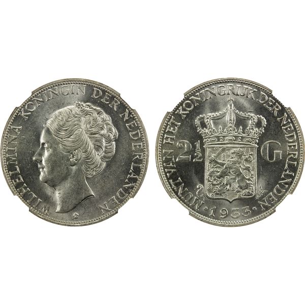 NETHERLANDS: Wilhelmina, 1890-1948, AR 2 1/2 gulden, 1933, NGC MS61