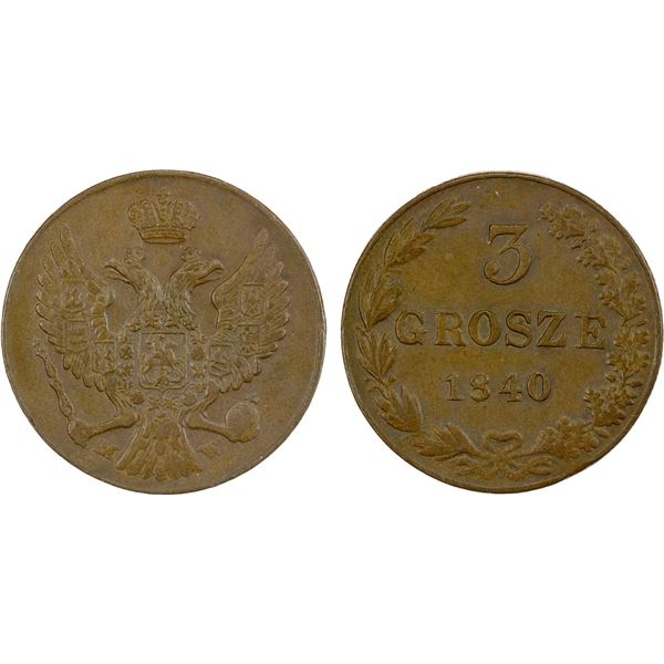 POLAND: Nicholas I, 1825-1855, AE 3 grosze, 1840-MW, AU