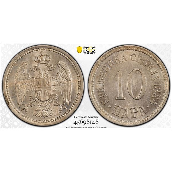SERBIA: Milan I, 1882-1889, 10 para, 1884, PCGS MS62