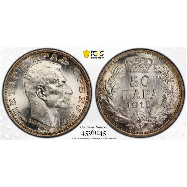 SERBIA: Peter I, 1903-1918, AR 50 para, 1915, PCGS MS65