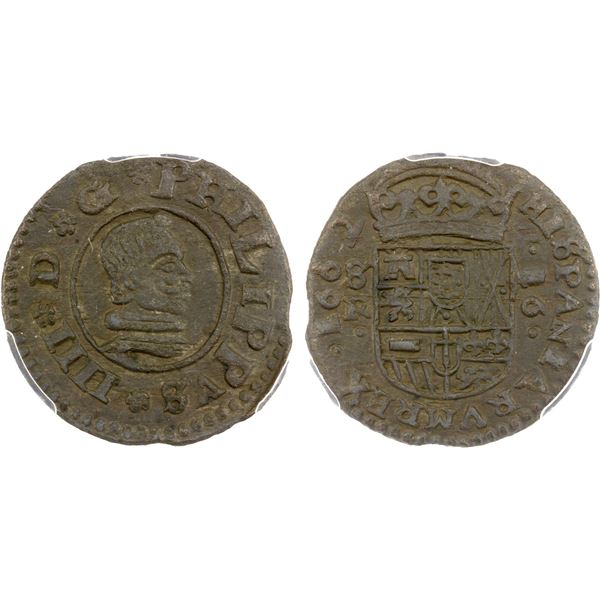 SPAIN: Felipe IV, 1621-1665, AE 16 maravedis, Sevilla, 1662, PCGS MS63 BN