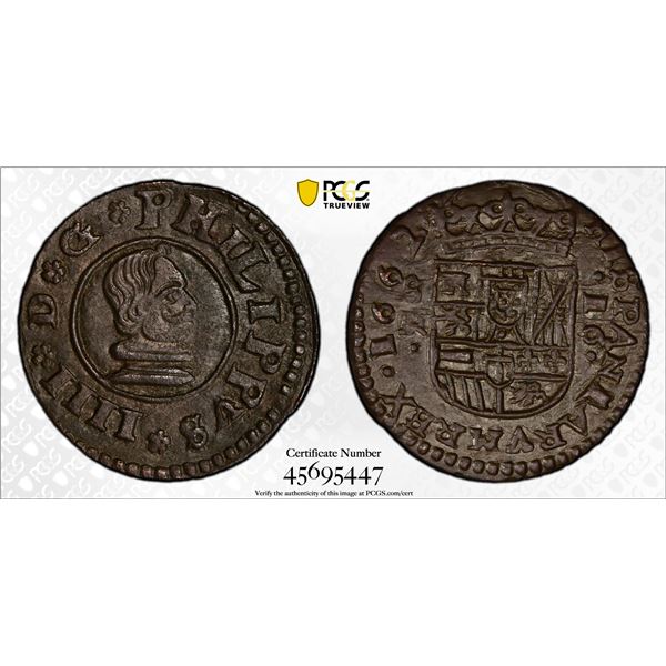 SPAIN: Felipe IV, 1621-1665, AE 16 maravedis, Sevilla, 1662, PCGS MS62 BN