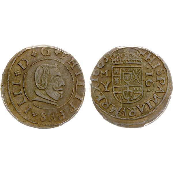 SPAIN: Felipe IV, 1621-1665, AE 16 maravedis, Madrid, 1663, PCGS MS63 BN