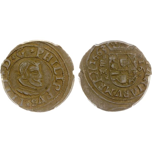 SPAIN: Felipe IV, 1621-1665, AE 16 maravedis, Valladolid, 1663, PCGS MS63 BN