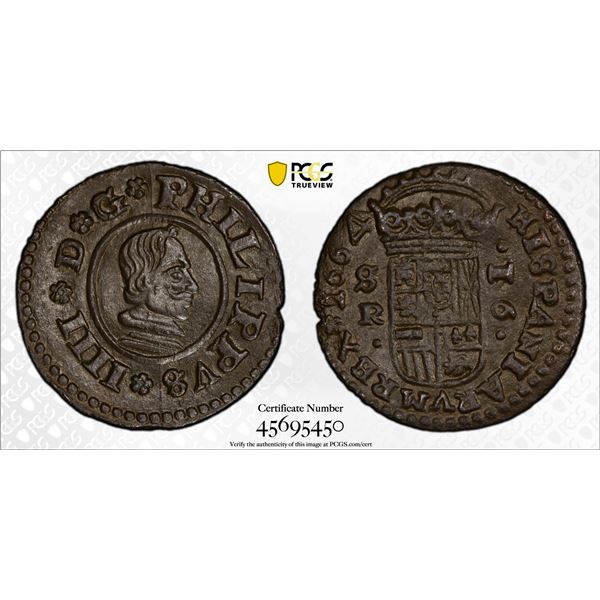 SPAIN: Felipe IV, 1621-1665, AE 16 maravedis, Sevilla, 1664, PCGS MS63 BN