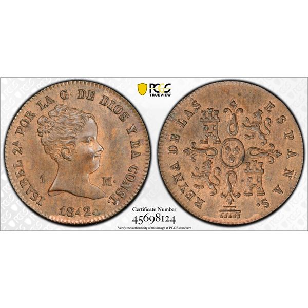 SPAIN: Isabel II, 1833-1868, AE maravedi, Segovia, 1842, PCGS MS64 BN