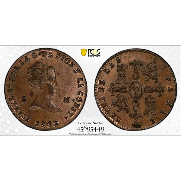 SPAIN: Isabel II, 1833-1868, AE 2 maravedis, Segovia, 1843, PCGS MS63 BN