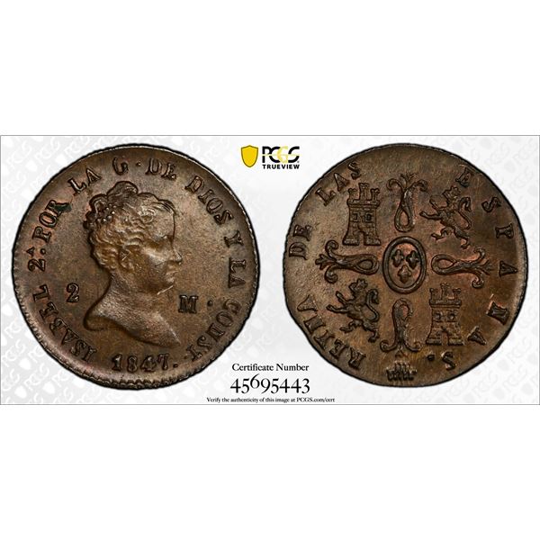 SPAIN: Isabel II, 1833-1868, AE 2 maravedis, Segovia, 1847, PCGS MS63 BN