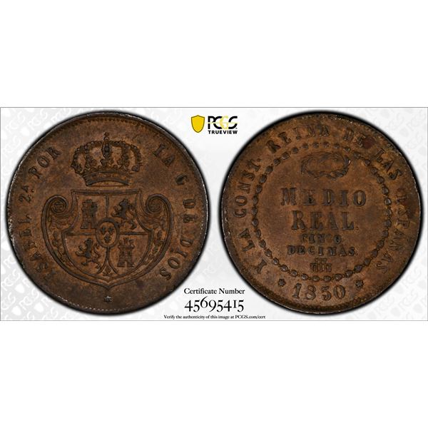 SPAIN: Isabel II, 1833-1868, AE 1/2 real, Segovia, 1850, PCGS AU55
