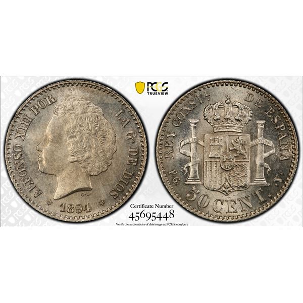 SPAIN: Alfonso XIII, 1886-1931, AR 50 centimos, 1894 (94), PCGS MS65