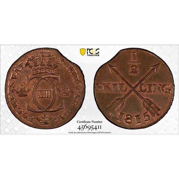 SWEDEN: Carl XIII, 1809-1818, AE 1/2 skilling, 1815, PCGS MS64 RB