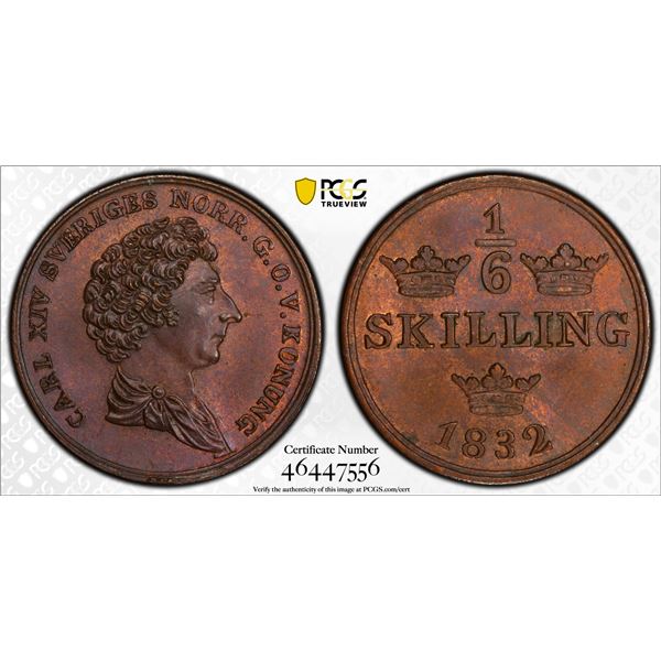 SWEDEN: Carl XIV Johan, 1818-1844, AE 1/6 skilling, 1832, PCGS MS64 BN