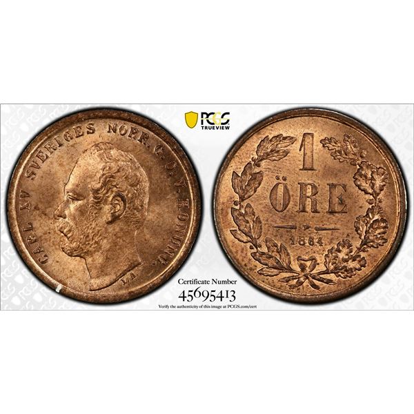 SWEDEN: Carl XV, 1859-1872, AE öre, 1864, PCGS MS65 RD