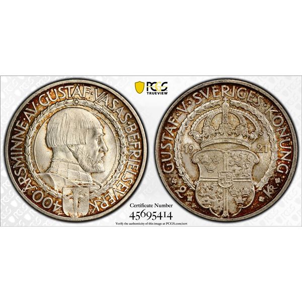 SWEDEN: Gustaf V, 1907-1950, AR kronor, 1921, PCGS MS67
