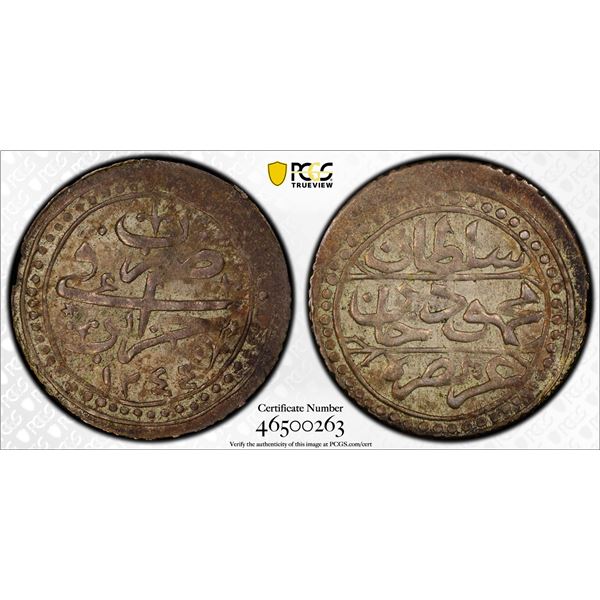 ALGIERS: Mahmud II, 1808-1830, AR 1/8 budju, Jaza'ir, AH1244, PCGS AU58