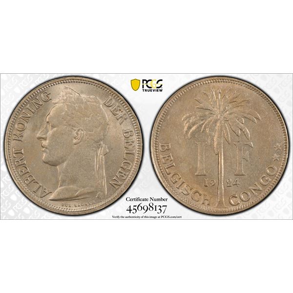 BELGIAN CONGO: Albert I, 1909-1934, 1 franc, 1924, PCGS MS63
