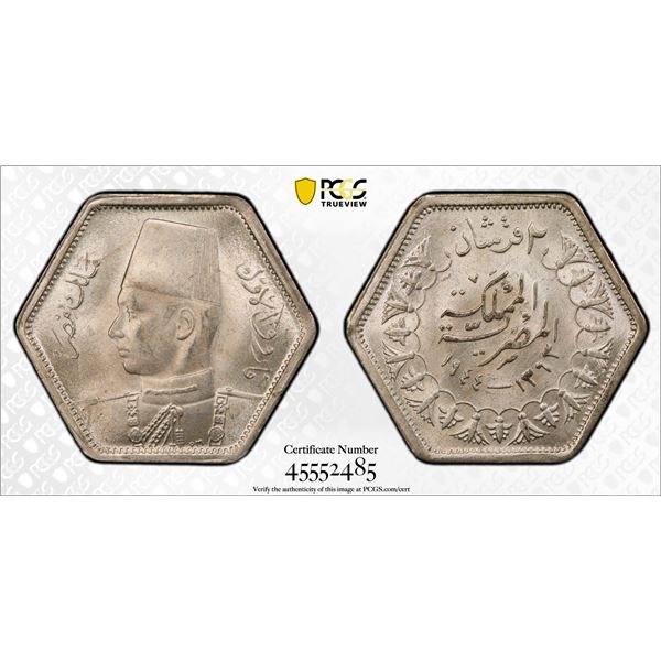 EGYPT: Farouk, 1936-1952, AR 2 piastres, 1944/AH1363, PCGS MS64