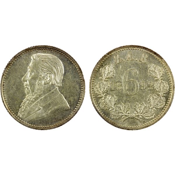 SOUTH AFRICA: Zuid Afrikaansche Republiek, AR 6 pence, 1892, UNC