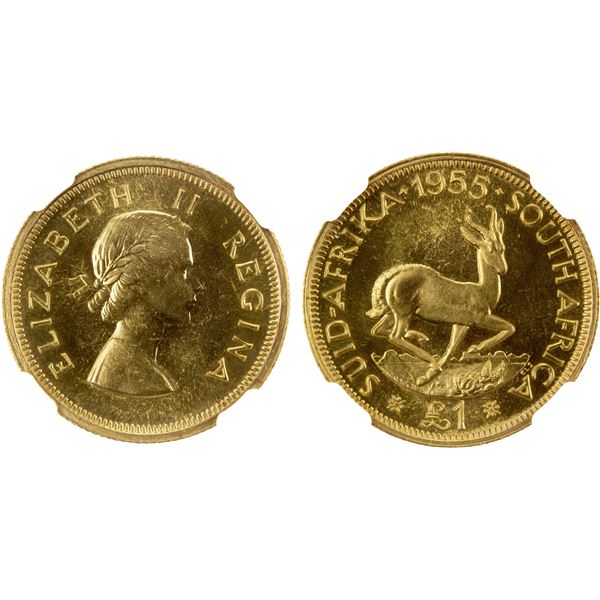 SOUTH AFRICA: Elizabeth II, 1952-1961, AV rand, 1955, NGC Proof 66