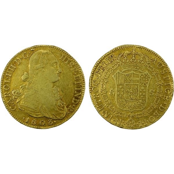 COLOMBIA: Carlos IV, 1788-1808, AV 8 escudos (26.71g), 1803-NR, VF