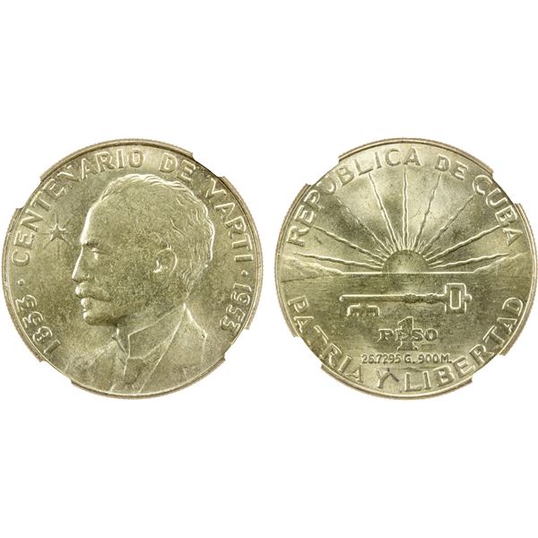 CUBA: Republic, AR peso, Philadelphia mint, 1953, NGC MS63 +