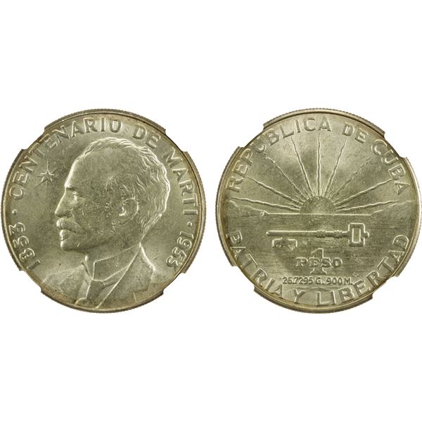 CUBA: Republic, AR peso, Philadelphia mint, 1953, NGC MS62
