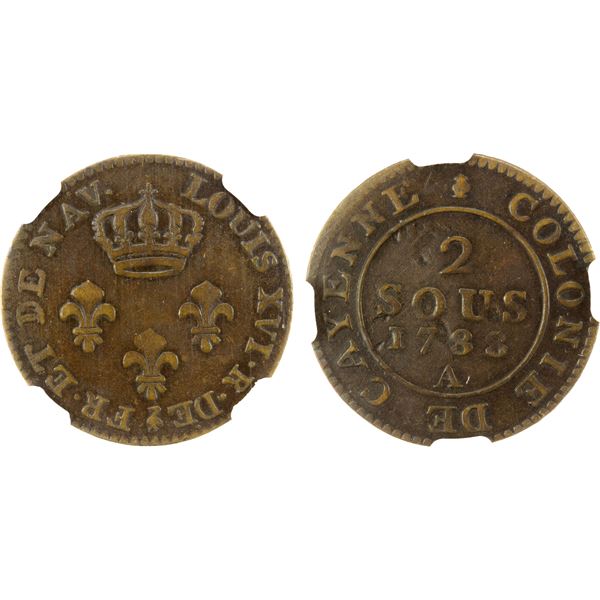 FRENCH GUIANA: Louis XVI, 1774-1793, BI 2 sous, 1788-A, NGC VF35