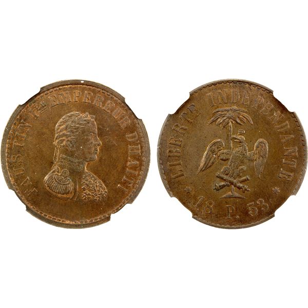 HAITI: Faustin I, 1849-1859, AE 10 centimes, 1853, NGC MS63 BN