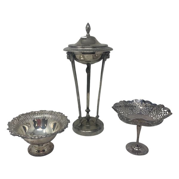 Decorative Silver Plate Dishes, Tall Lidded Dish Has Lions Heads