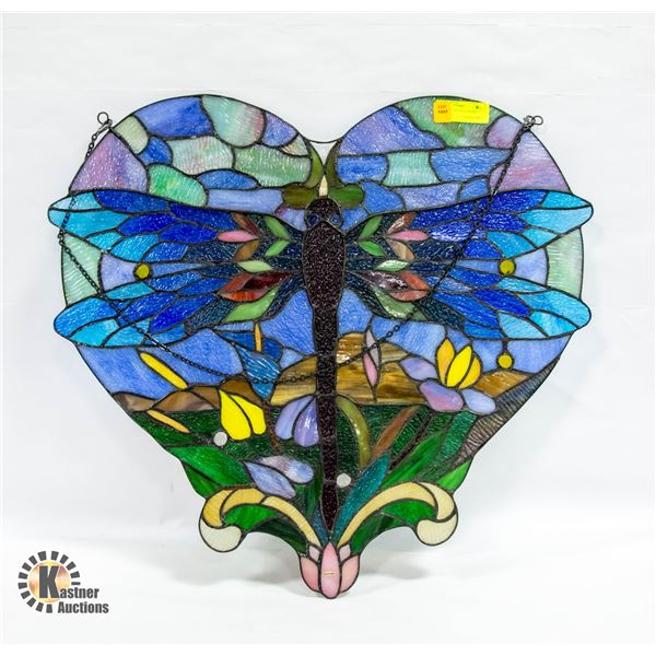 STAINED GLASS STYLE HEART DRAGONFLY 25.75  X 23.5 