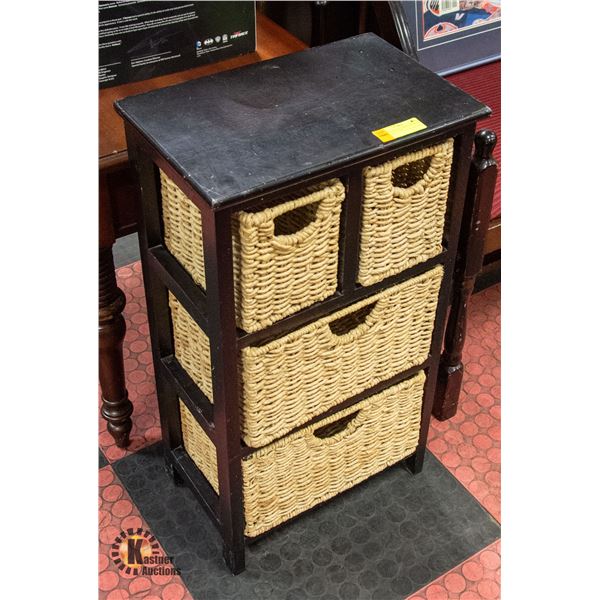 BLACK 4 BIN WICKER & WOOD SHELVING UNIT H-29"