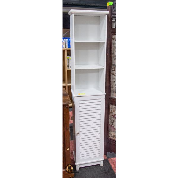 WHITE SHELVING UNIT WITH DOOR NEEDS CLEANING