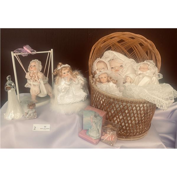 Basket Of Babies with Collectible Porcelain Miniatures and Angel Figurines