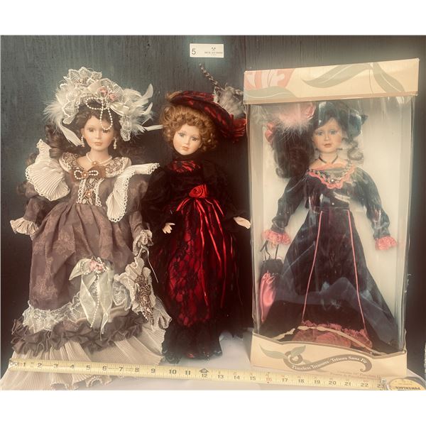 Three Collecible Hand Crafted Victorian Porcelain 18H Antique Dolls  New and Gently Used