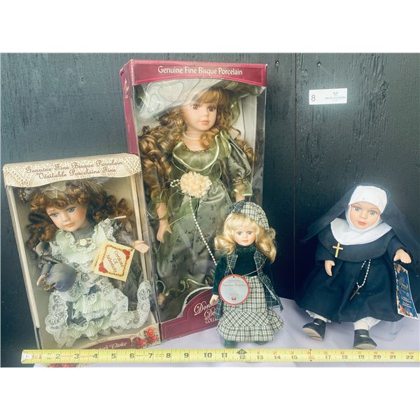 Four Vintage Large and Small Collectible Genuine Fine Bisque Porcelain Dolls