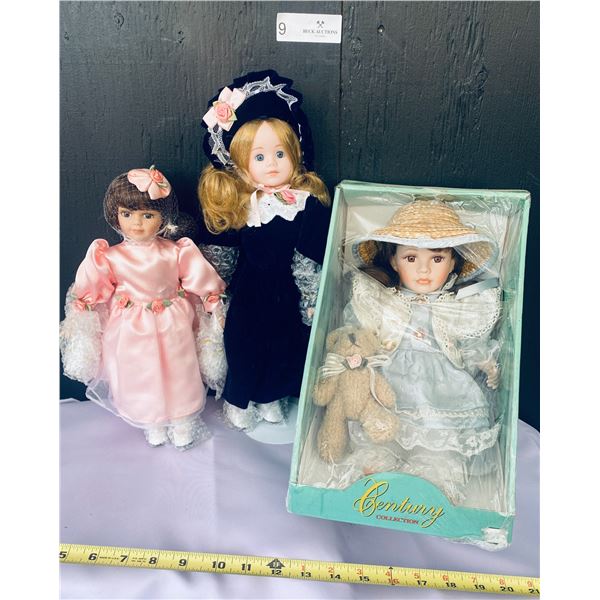 Century Collectibles Doll with Teddy Bear and Two Victorian Style Pretty Porcelain Dolls