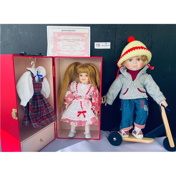 Two Collectible Porcelain Lasting Impression Vintage Doll and Boy on Scooter Ashton Drake Doll