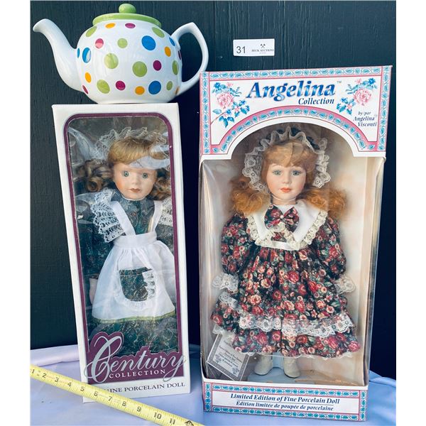 Angelina Collection Limited Edition and Century Collections Porcelain Dolls And Polka Dot TeaPot