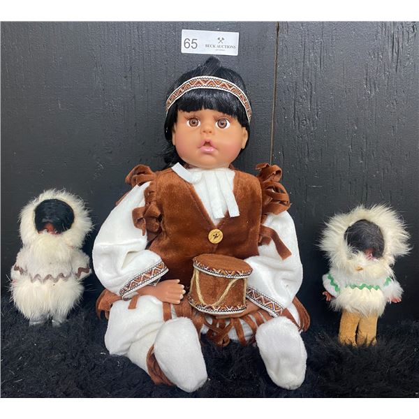 Native American Vintage Porcelain Eagle Dancer Boy Doll with Two Antique Indian Fur Eskimos